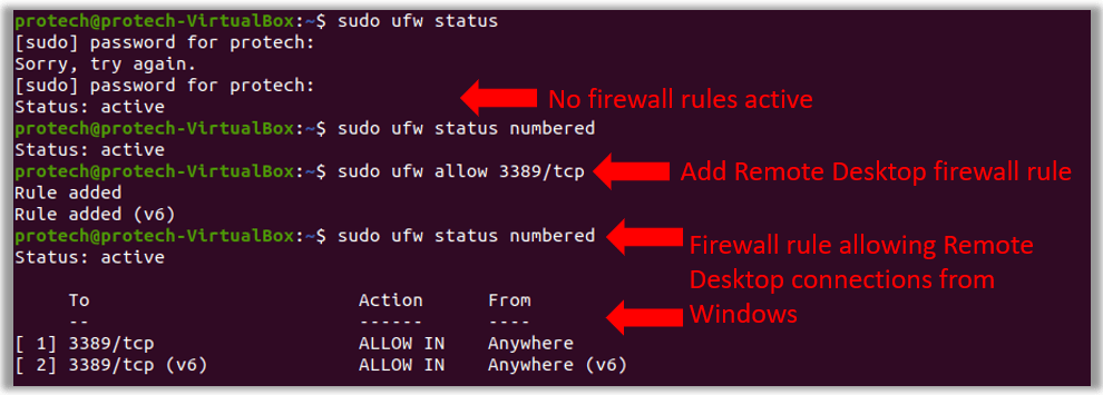 Configure Ubuntu firewall rule for windows remote desktop connection port 3389