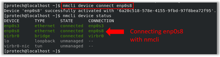 vbox connect enp0s8 interface nmcli device connect centos8