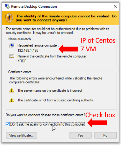 vbox remote desktop connection xrdp ip address certificate error